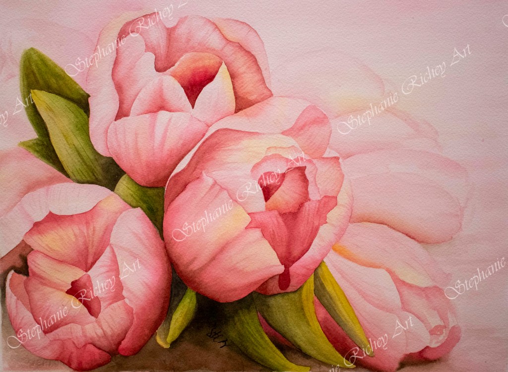 Pink Tulip Bouquet painted in watercolor, artwork