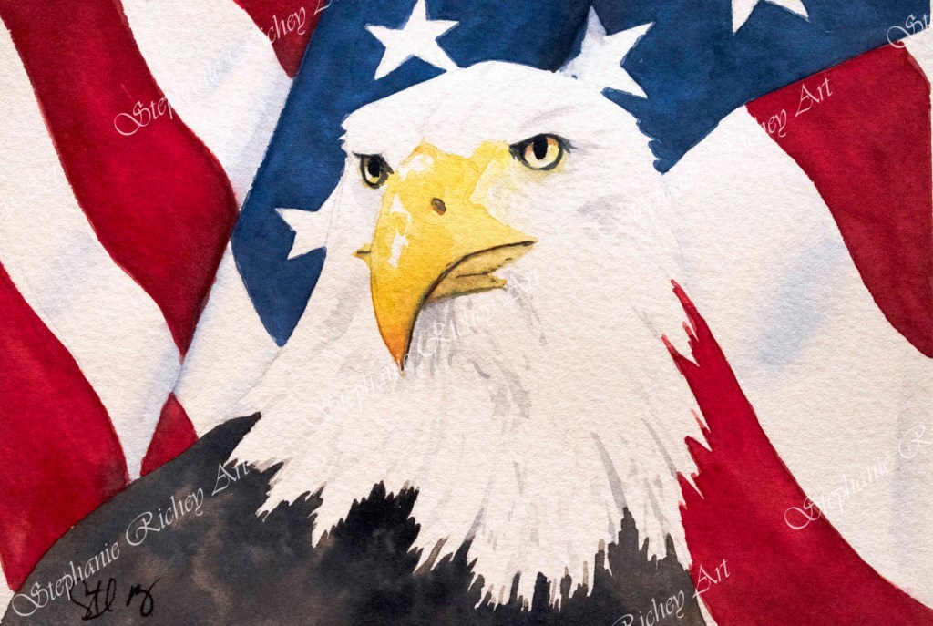 Watercolor bald eagle in front of an American Flag with a watermark that says Stephanie Richey Art