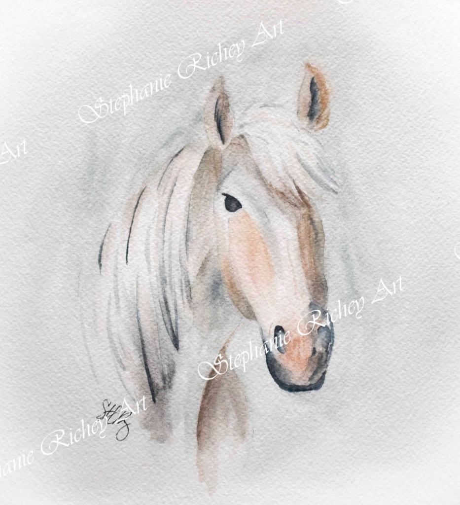 White and tan horse painted in watercolor with a gray background. Watermark across image that says Stephanie Richey Art