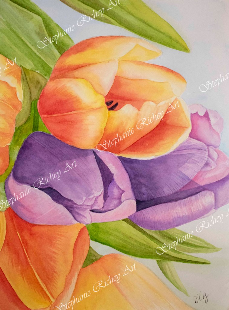 Watercolor artwork of orange and purple tulips with greenery around them